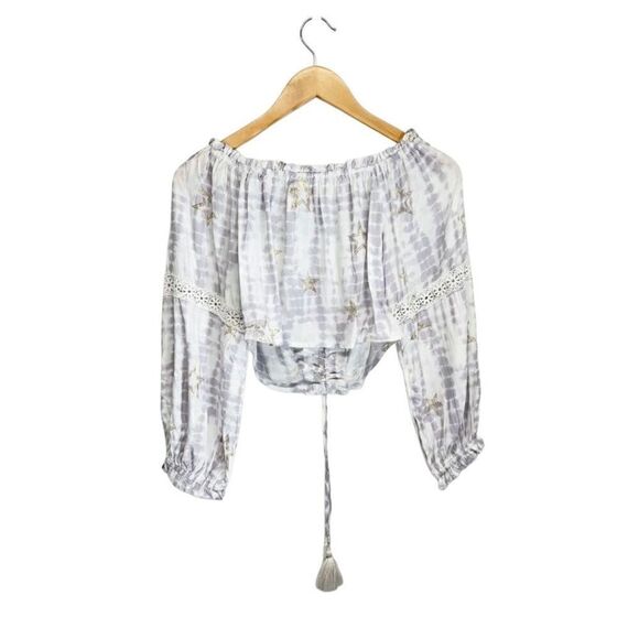 Surf Gypsy Metallic Star Print Crochet Size Small Ruched Off Shoulder Crop Top - Picture 3 of 7